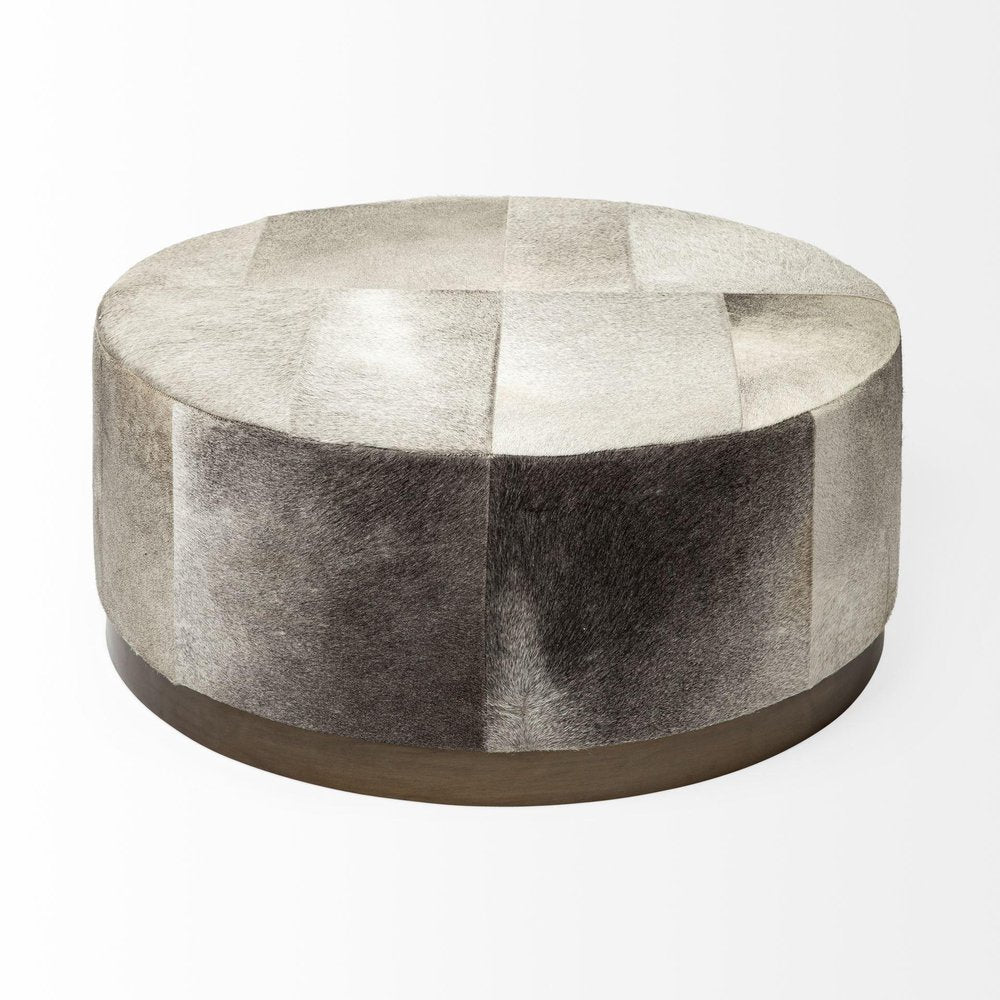 36" Gray Wool And Brown Footstool Ottoman. Ottoman isolated on a plain white background, showing a gray wool surface.