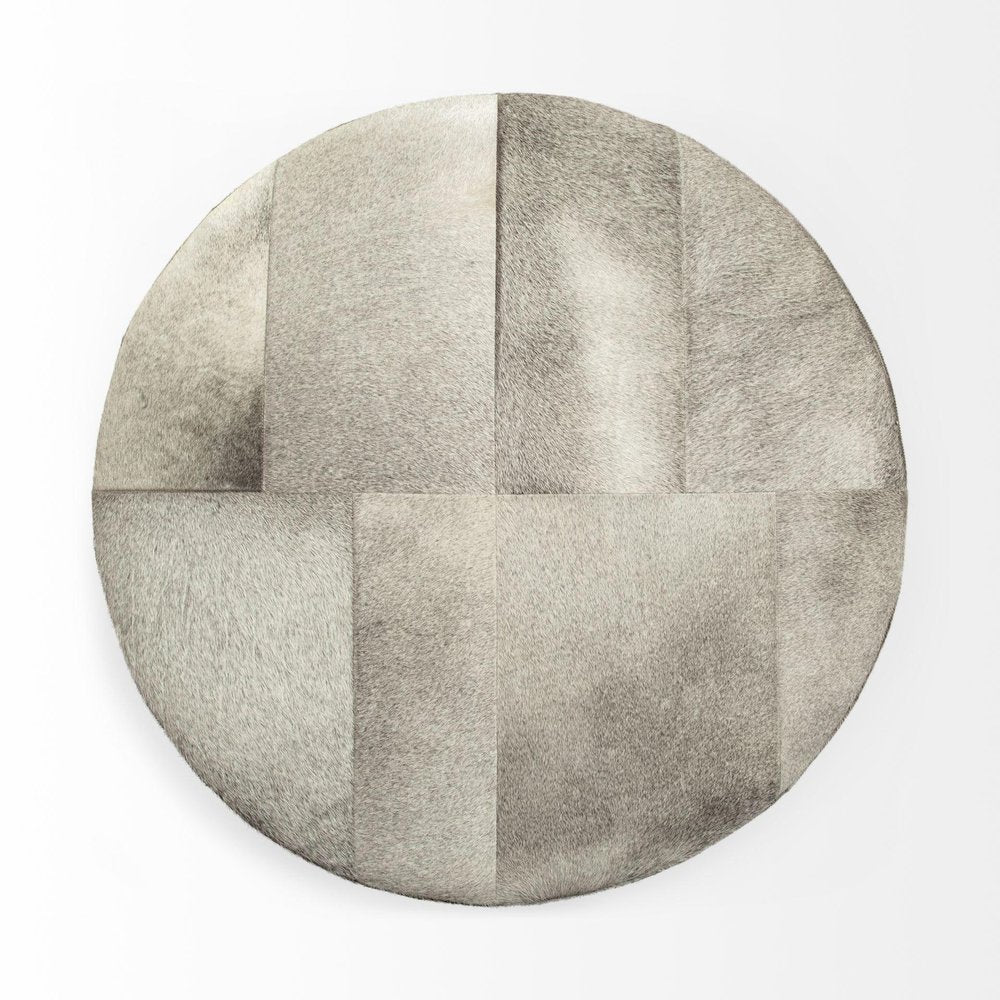 36" Gray Wool And Brown Footstool Ottoman. Ottoman isolated on a plain white background, finished in gray wool.