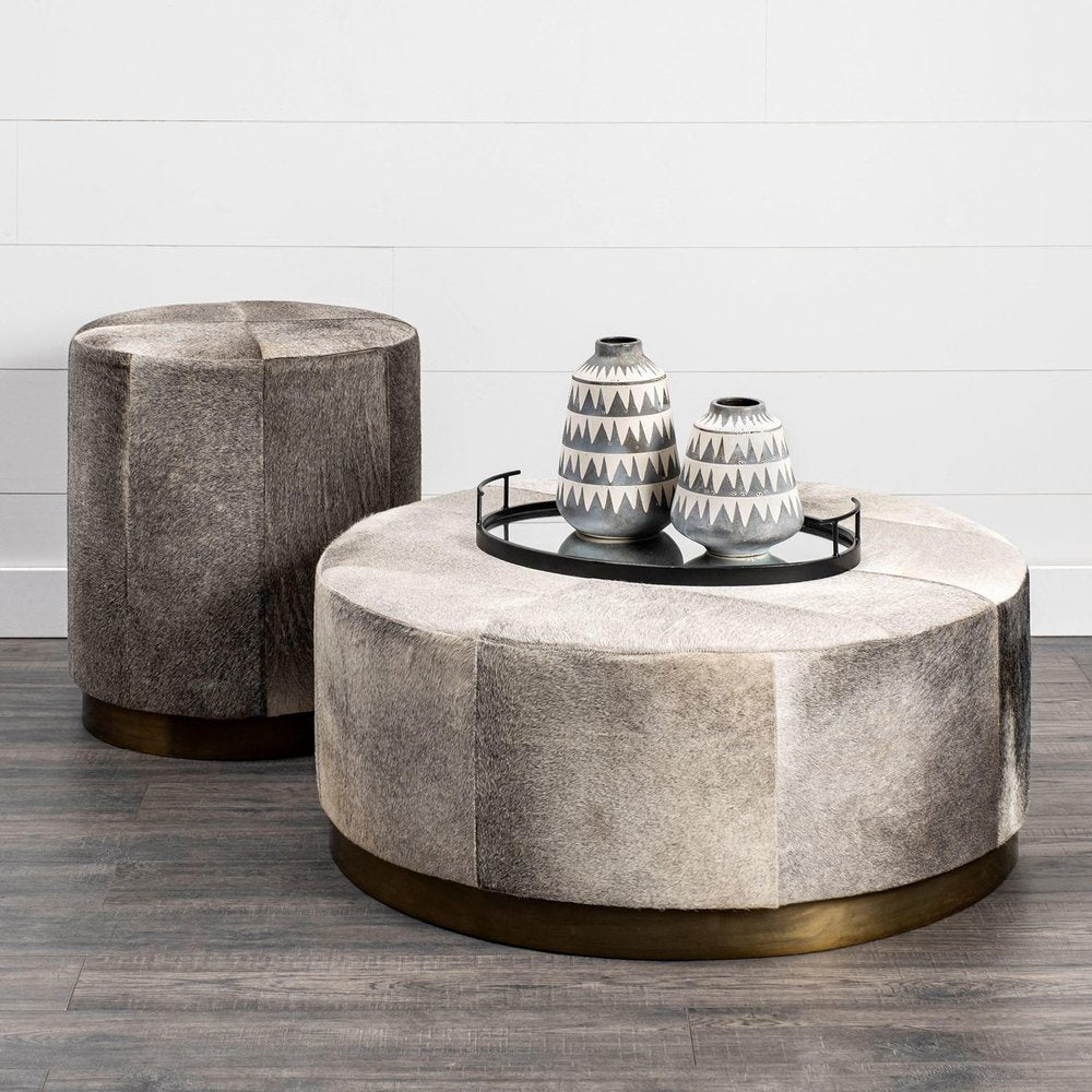 36" Gray Wool And Brown Footstool Ottoman. Ottoman in gray wool.
