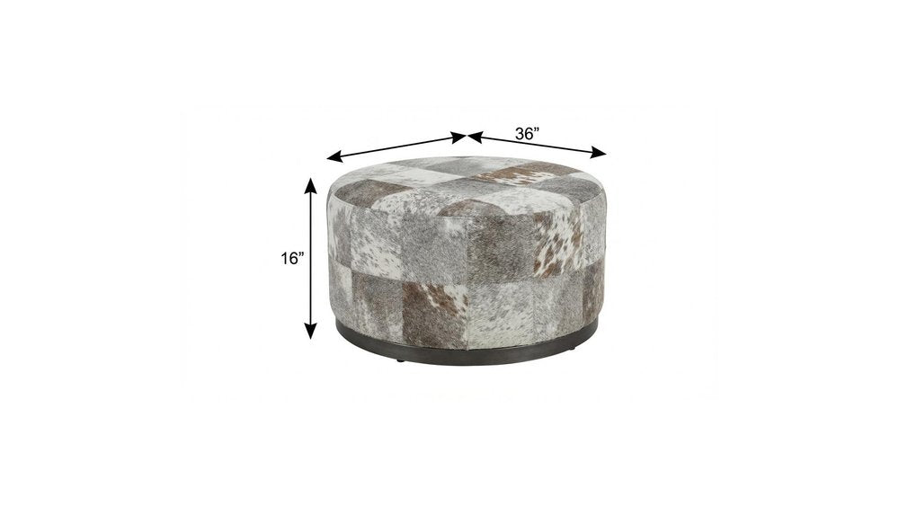36" Gray Wool And Brown Footstool Ottoman. Ottoman isolated on a plain white background, finished in gray wool.