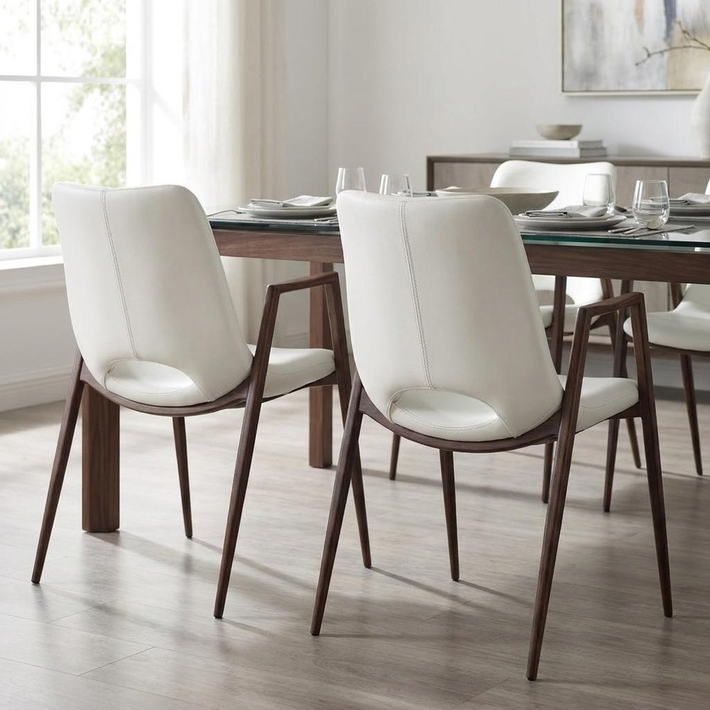 Set of Two White and Brown Upholstered Faux Leather Open Back Dining Arm Chairs