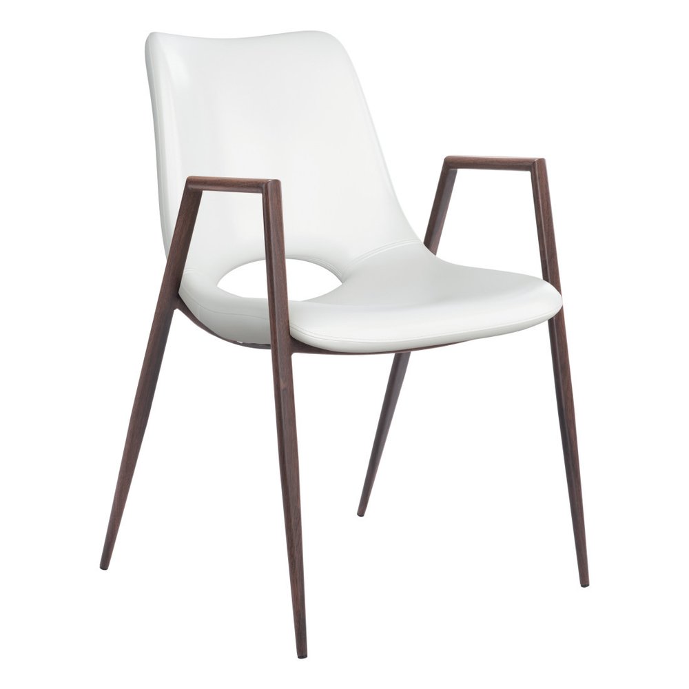 Set of Two White and Brown Upholstered Faux Leather Open Back Dining Arm Chairs on a white background