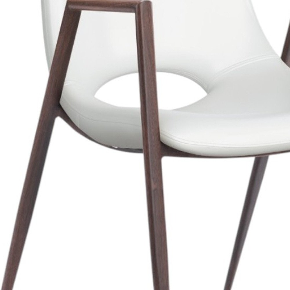 Set of Two White and Brown Upholstered Faux Leather Open Back Dining Arm Chairs on a white background