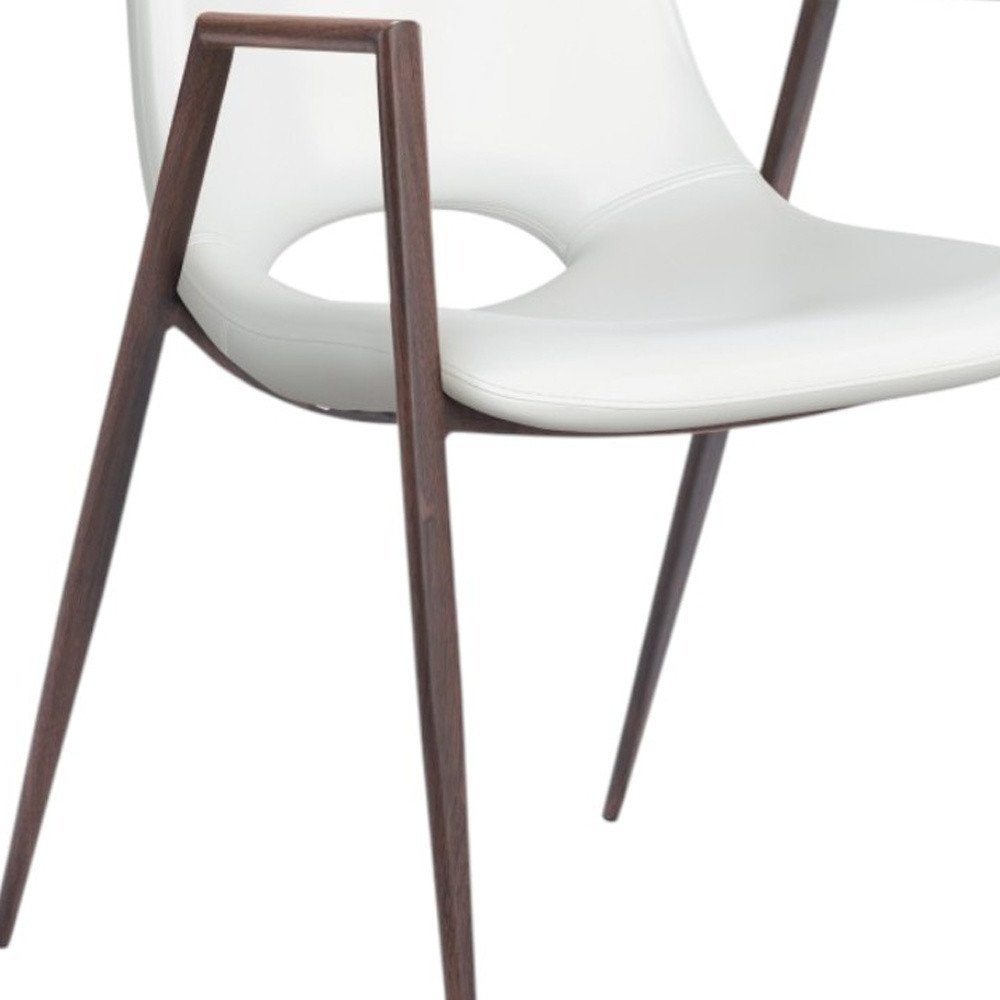 Set of Two White and Brown Upholstered Faux Leather Open Back Dining Arm Chairs on a white background