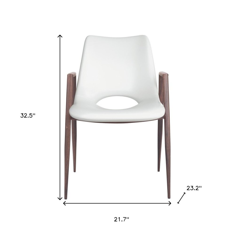 Set of Two White and Brown Upholstered Faux Leather Open Back Dining Arm Chairs on a white background
