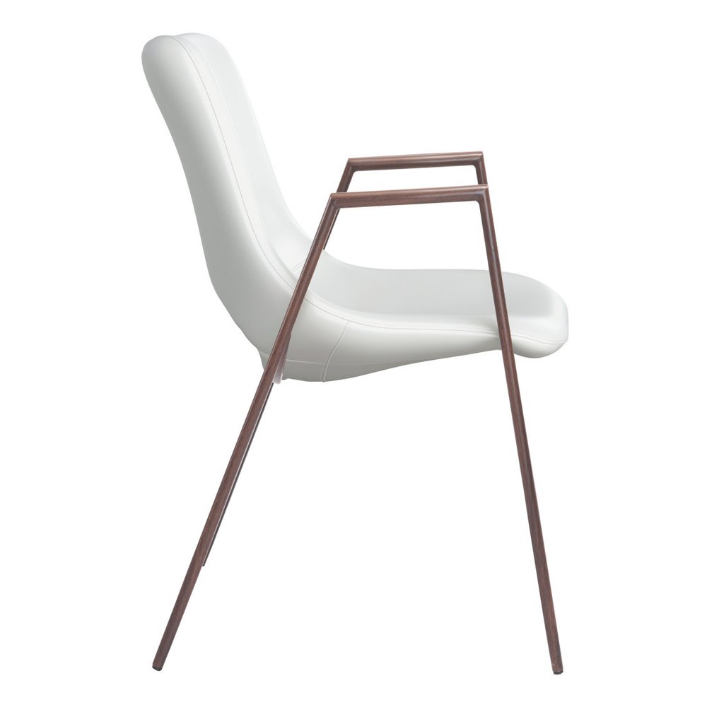 Set of Two White and Brown Upholstered Faux Leather Open Back Dining Arm Chairs on a white background