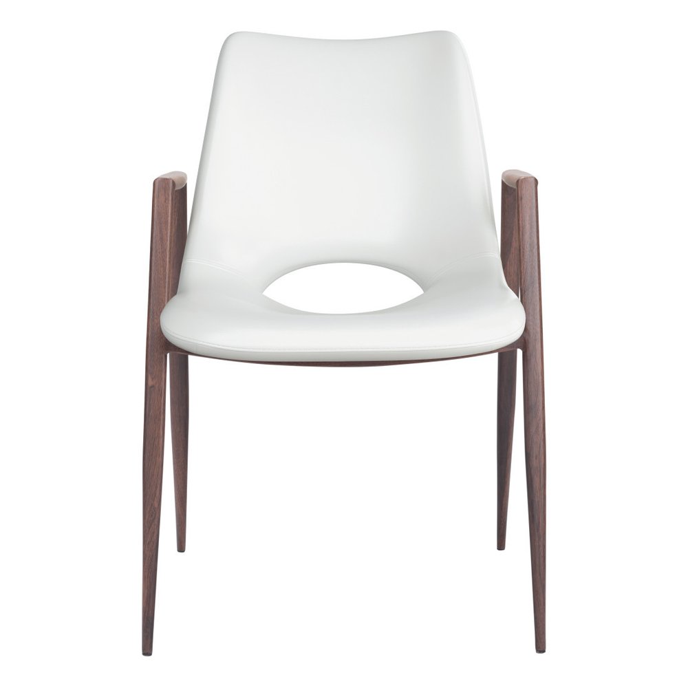 Set of Two White and Brown Upholstered Faux Leather Open Back Dining Arm Chairs on a white background