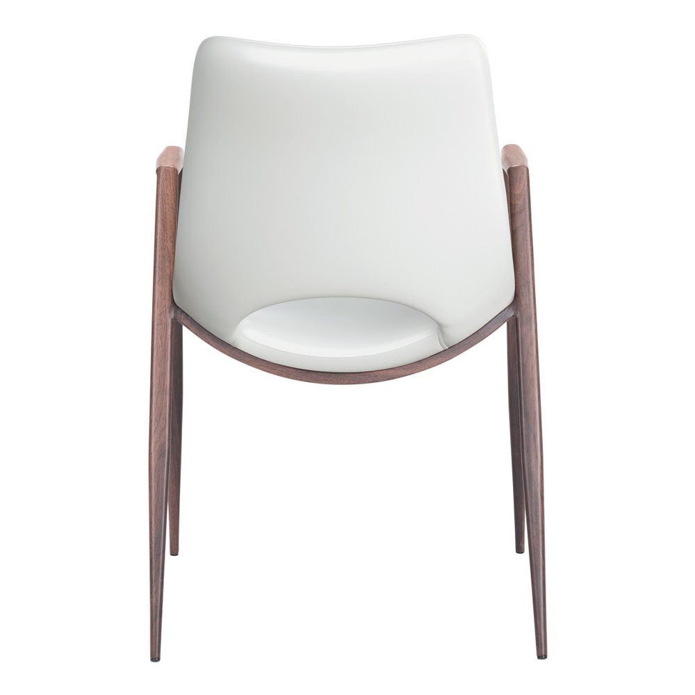 Set of Two White and Brown Upholstered Faux Leather Open Back Dining Arm Chairs on a white background
