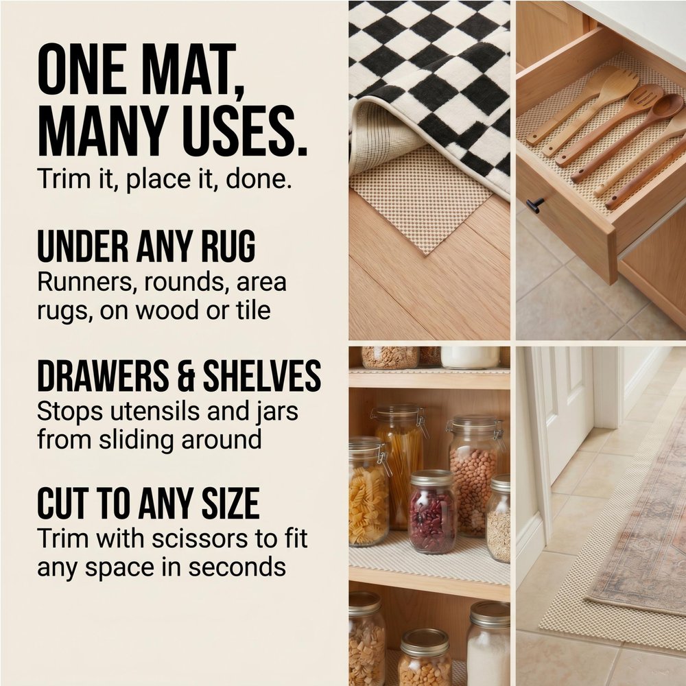 6' x 9' Ivory Striped Weave Non Slip Rug Pad styled in a furnished interior with an off-white wall on a off-white floor.
