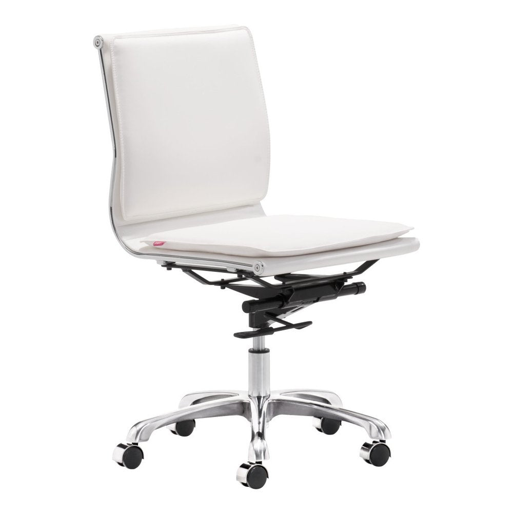 White and Silver Adjustable Swivel Faux Leather Rolling Executive Office Chair on a white background