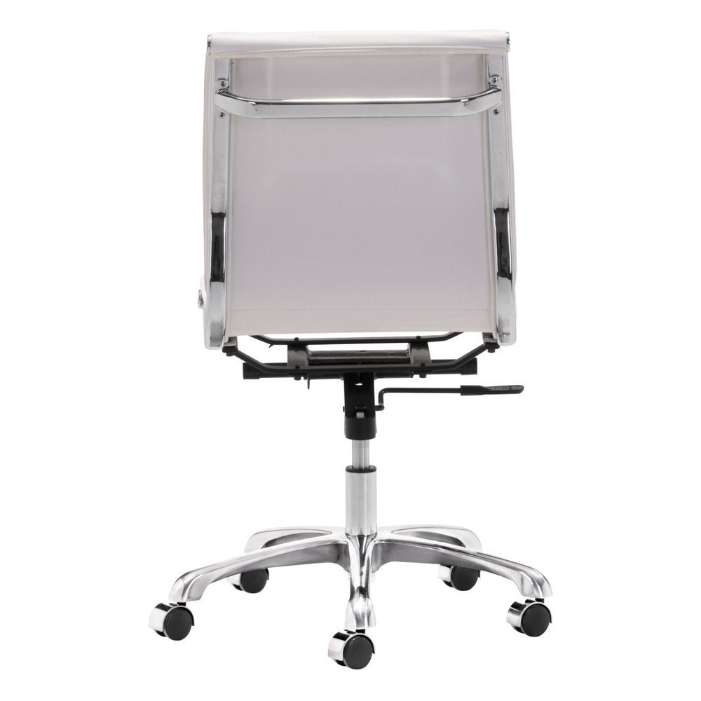 White and Silver Adjustable Swivel Faux Leather Rolling Executive Office Chair on a white background