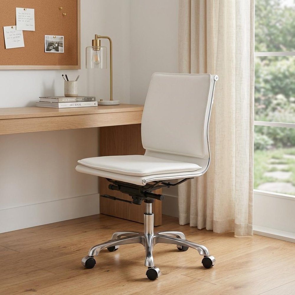 White and Silver Adjustable Swivel Faux Leather Rolling Executive Office Chair in a home interior