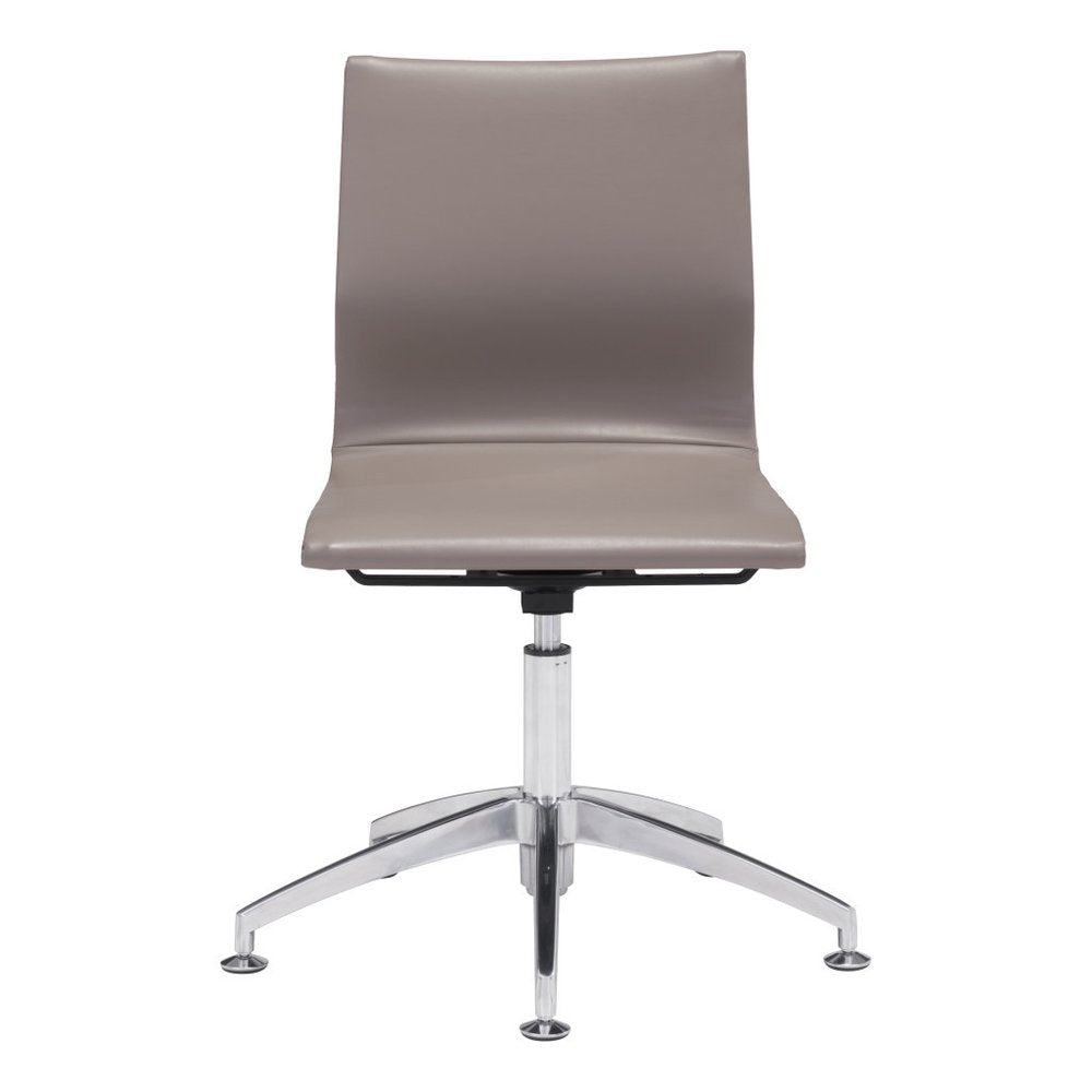 Taupe faux leather conference office chair with a silver swivel base and five legs on a white background.