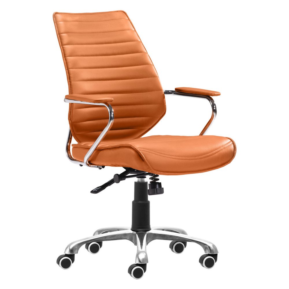Orange faux leather executive office chair with silver base and casters on a white background.