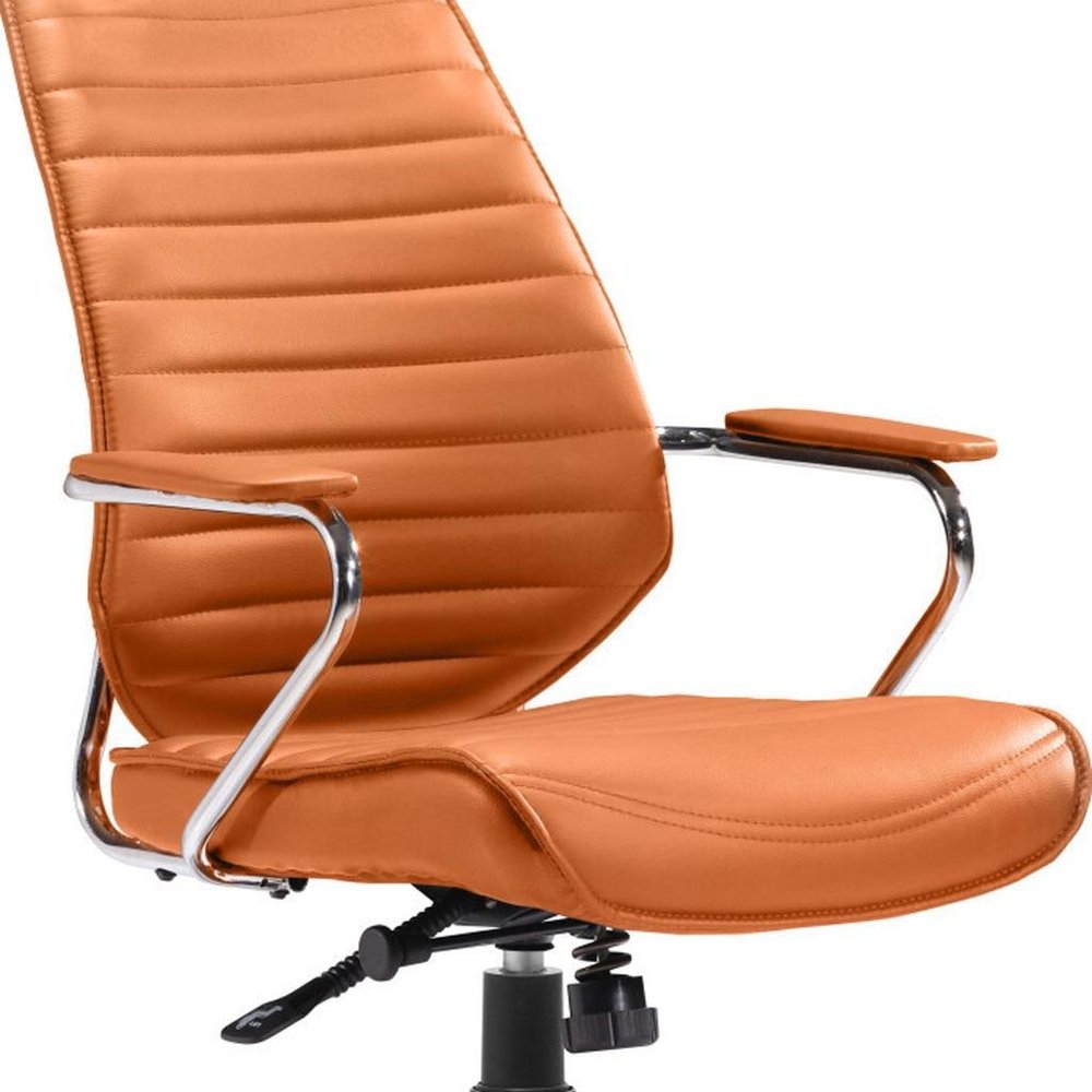 Orange and Silver Adjustable Swivel Faux Leather Rolling Executive Office Chair on a white background
