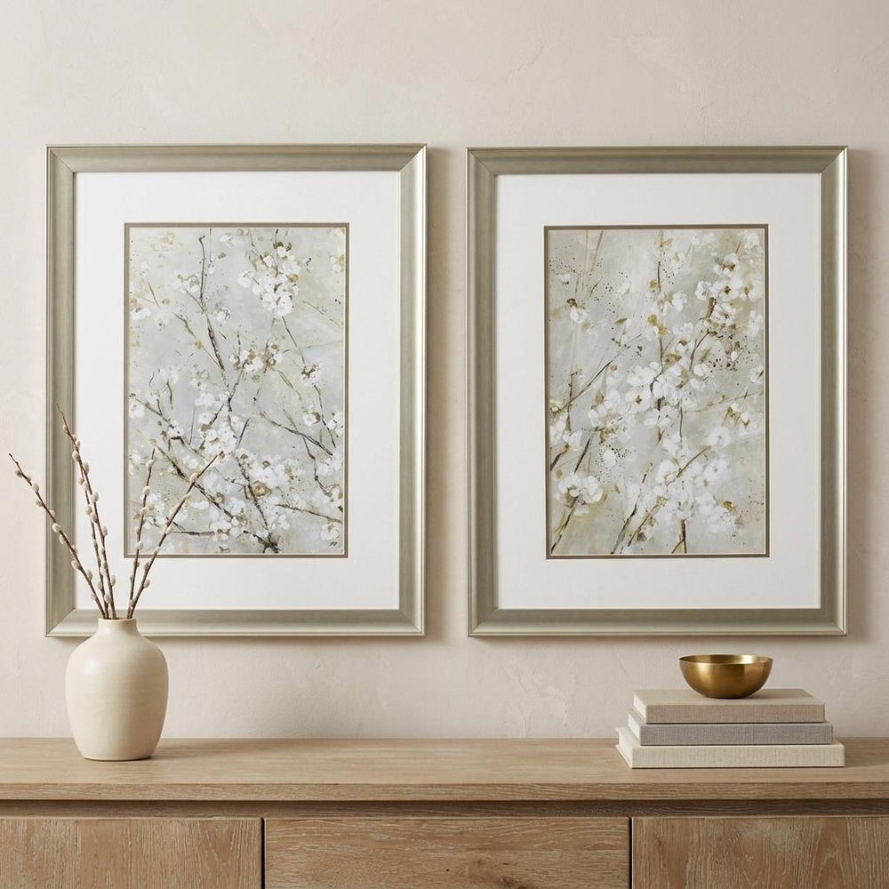 Set of Two Small White Flowers Wall Art in a home interior