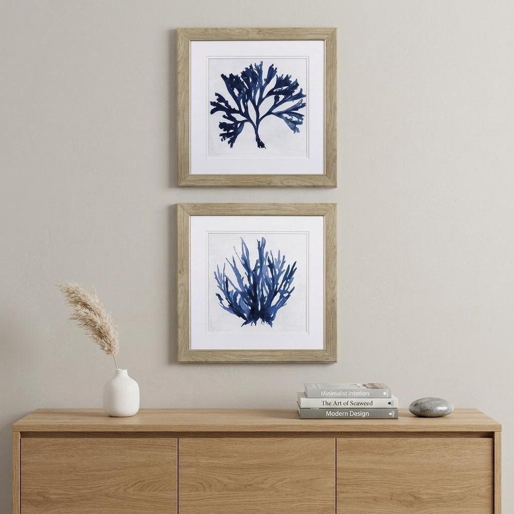 Set of Two Navy Underwater Coral Watercolor Wall Art in a home interior