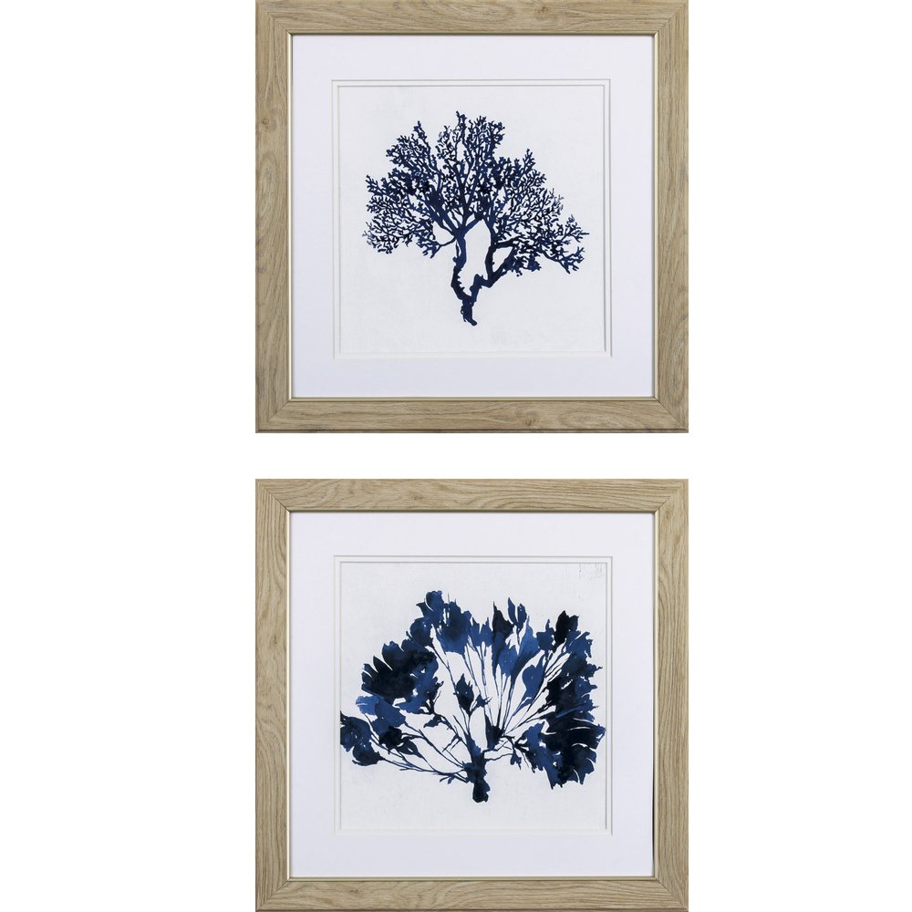 Set of Two Deep Blue Sea Coral Watercolor Wall Art on a white background