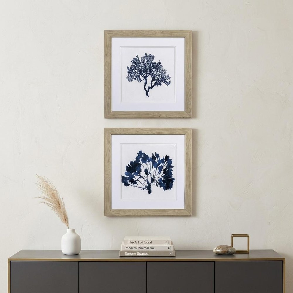 Set of Two Deep Blue Sea Coral Watercolor Wall Art in a home interior