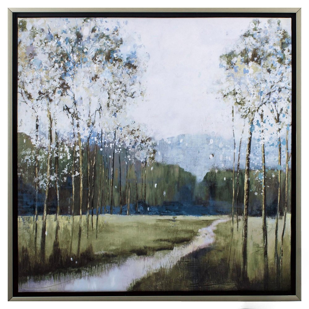 Canvas wall art depicting a path through a forest with white and blue trees.