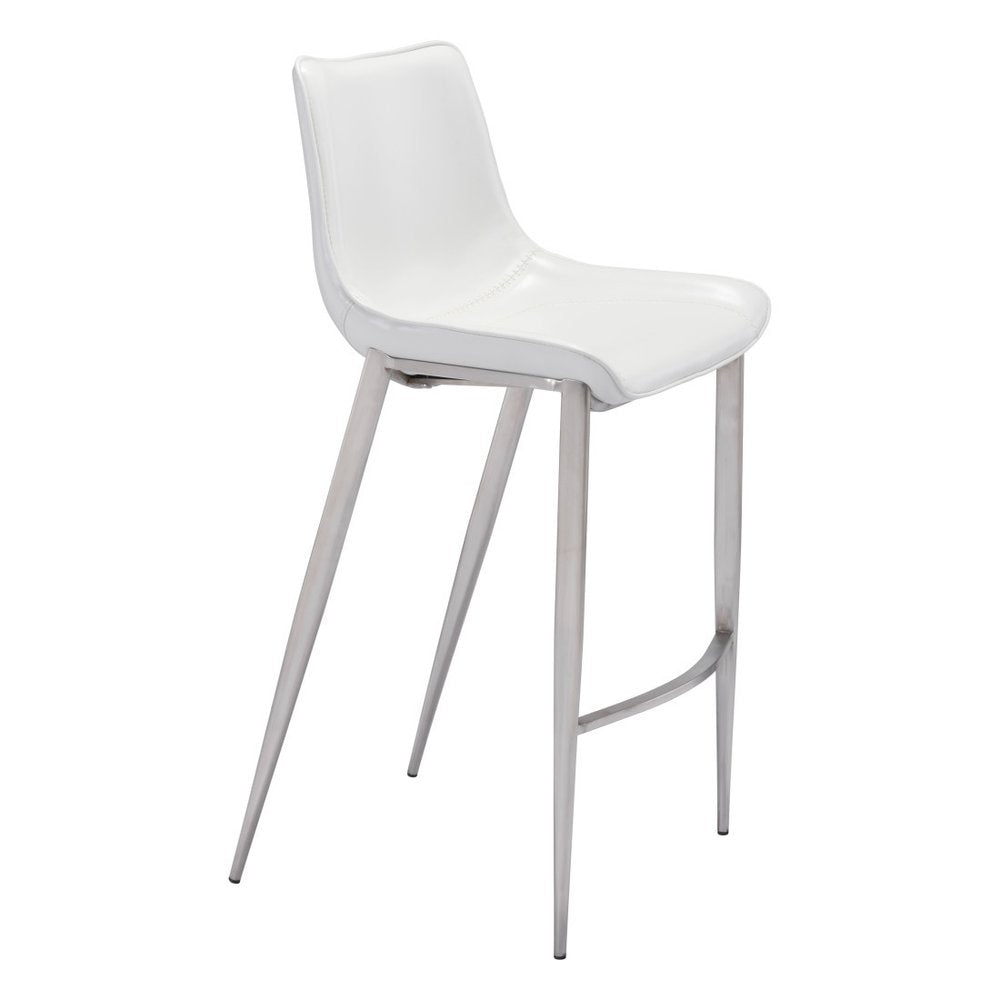 Set of Two 30" White And Silver Faux Leather And Steel Low Back Bar Height Bar Chairs on a white background
