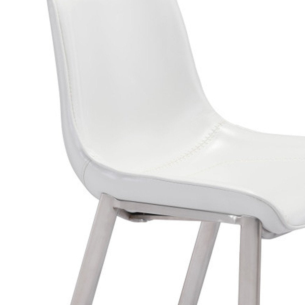 Set of Two 30" White And Silver Faux Leather And Steel Low Back Bar Height Bar Chairs on a white background