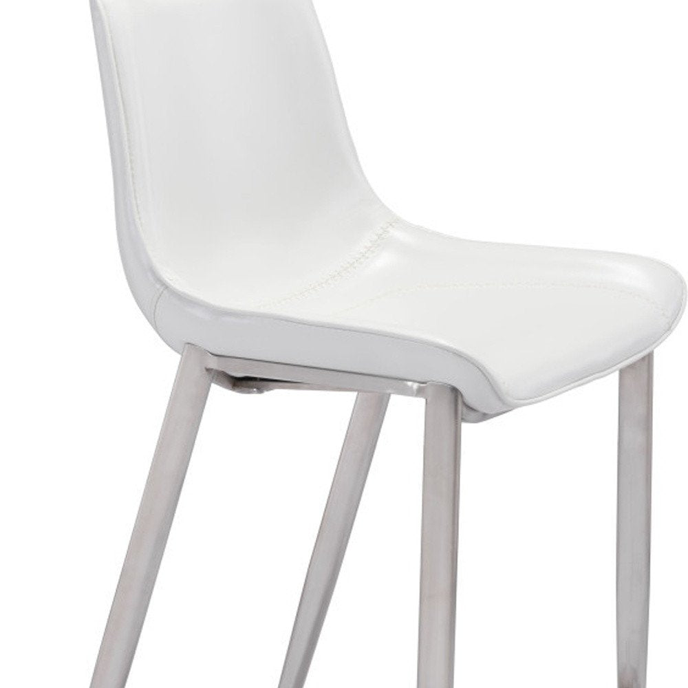 Set of Two 30" White And Silver Faux Leather And Steel Low Back Bar Height Bar Chairs on a white background