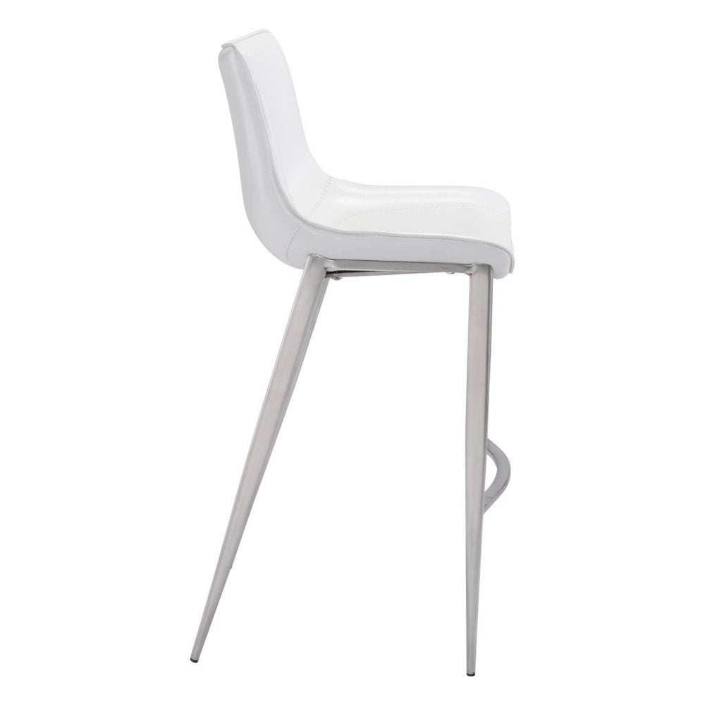 Set of Two 30" White And Silver Faux Leather And Steel Low Back Bar Height Bar Chairs on a white background