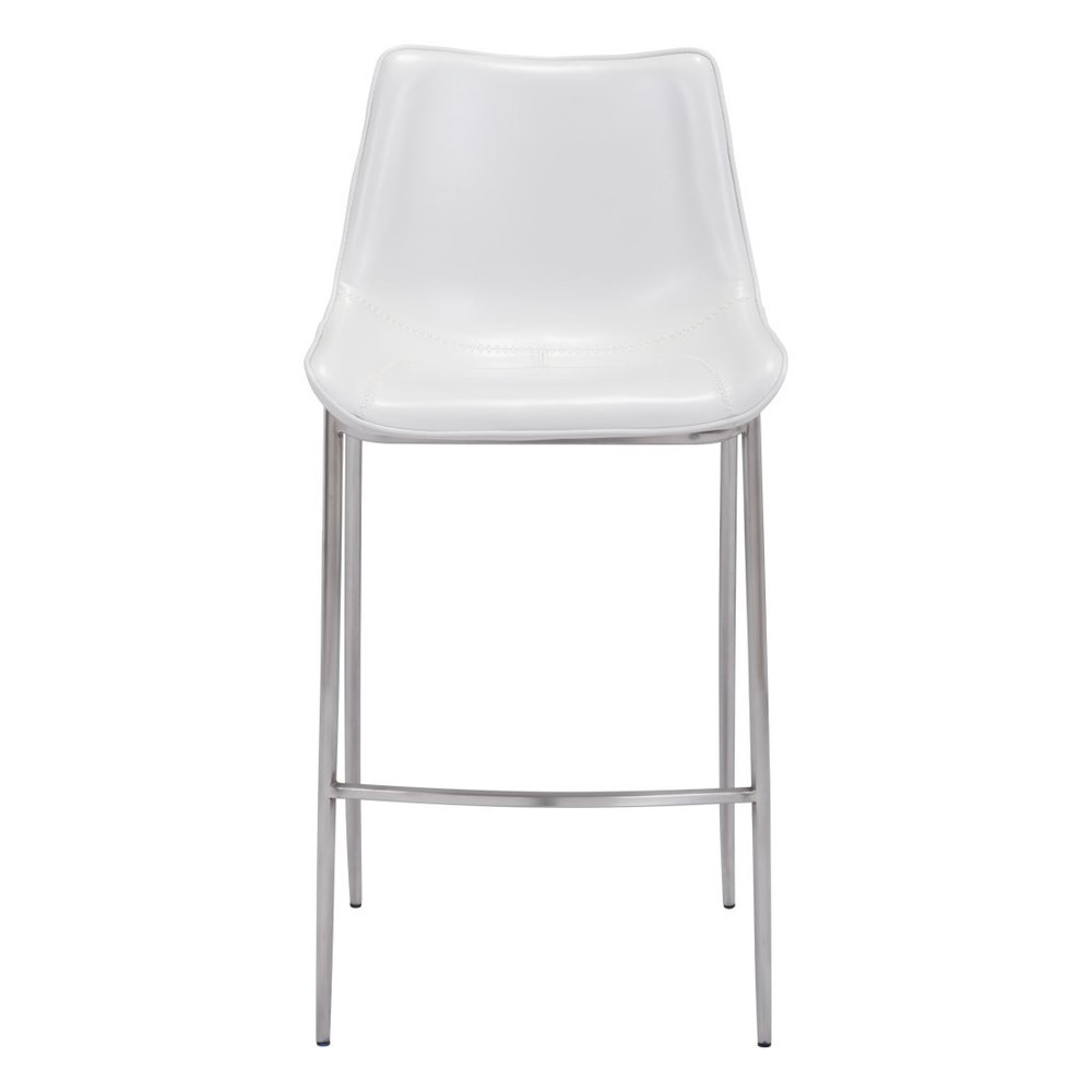 Set of Two 30" White And Silver Faux Leather And Steel Low Back Bar Height Bar Chairs on a white background