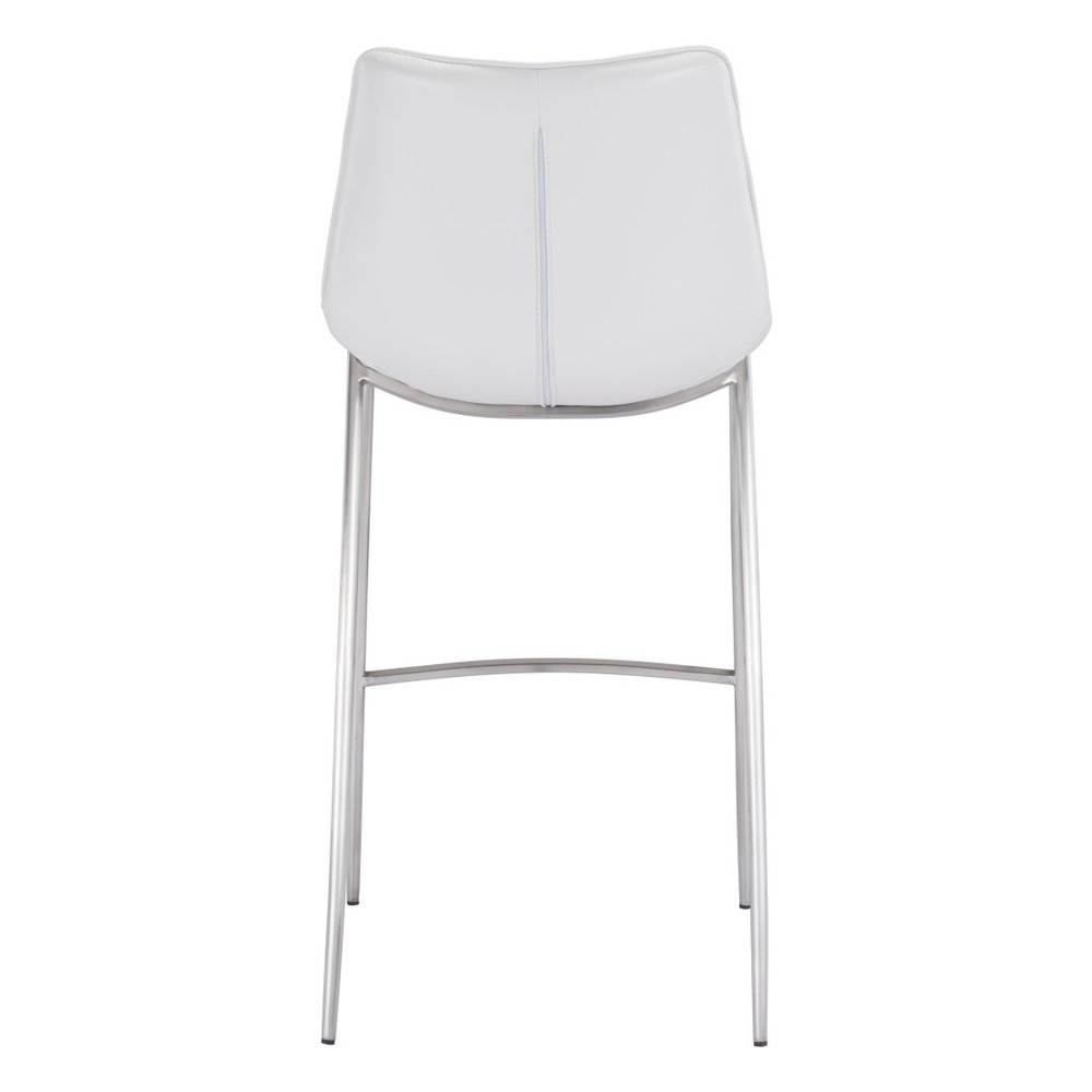 Set of Two 30" White And Silver Faux Leather And Steel Low Back Bar Height Bar Chairs on a white background