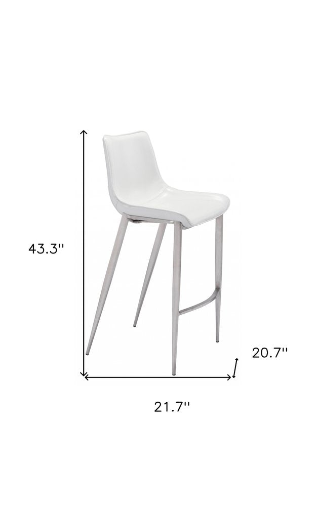 White low back bar stool with silver steel legs, 43.3" height, 21.7" width, and 20.7" depth.
