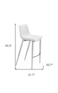 Set of Two 30" White And Silver Faux Leather And Steel Low Back Bar Height Bar Chairs on a white background
