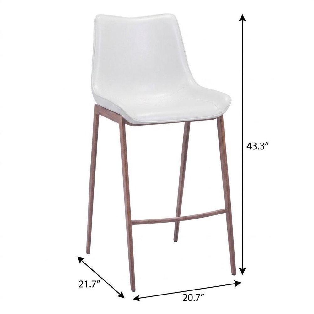 Set of Two 30" White And Brown Faux Leather And Steel Low Back Bar Height Bar Chairs on a white background