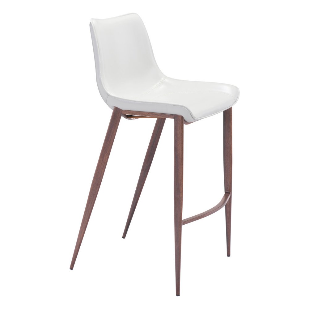 Set of Two 30" White And Brown Faux Leather And Steel Low Back Bar Height Bar Chairs on a white background