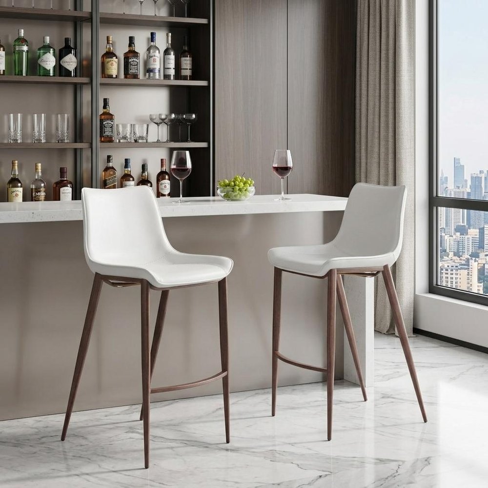 Set of Two 30" White And Brown Steel Low Back Bar Height Bar Chairs