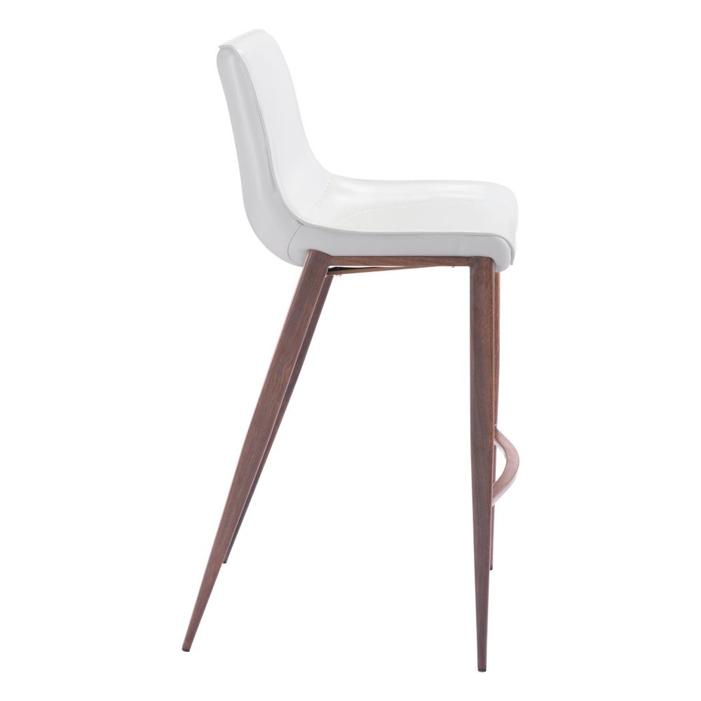 Side view of a white bar stool with a curved back and seat, supported by four dark brown wooden legs on a white background.
