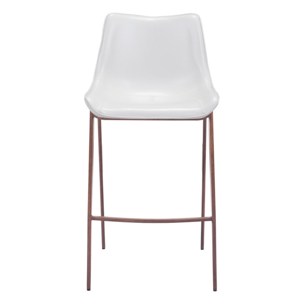 Set of Two 30" White And Brown Faux Leather And Steel Low Back Bar Height Bar Chairs on a white background