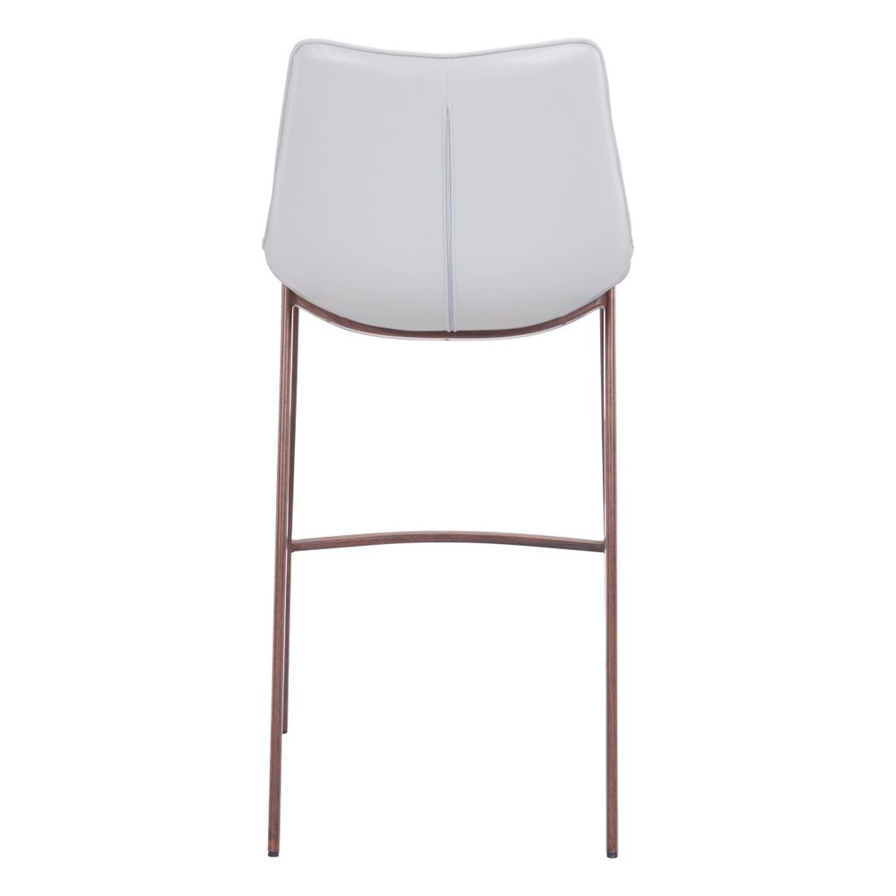 Set of Two 30" White And Brown Faux Leather And Steel Low Back Bar Height Bar Chairs on a white background