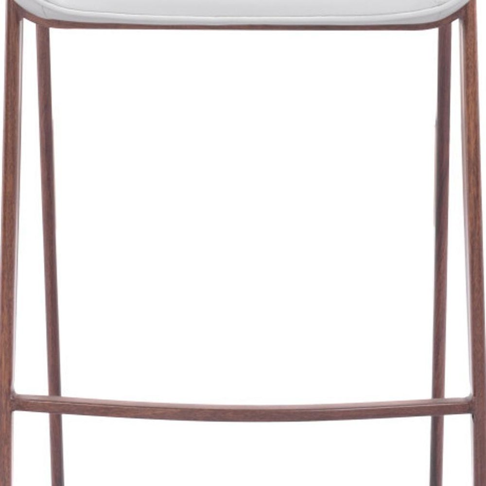 Set of Two 30" White And Brown Faux Leather And Steel Low Back Bar Height Bar Chairs on a white background