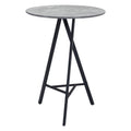 Round gray tabletop on a black steel tripod base bar table against a white background.