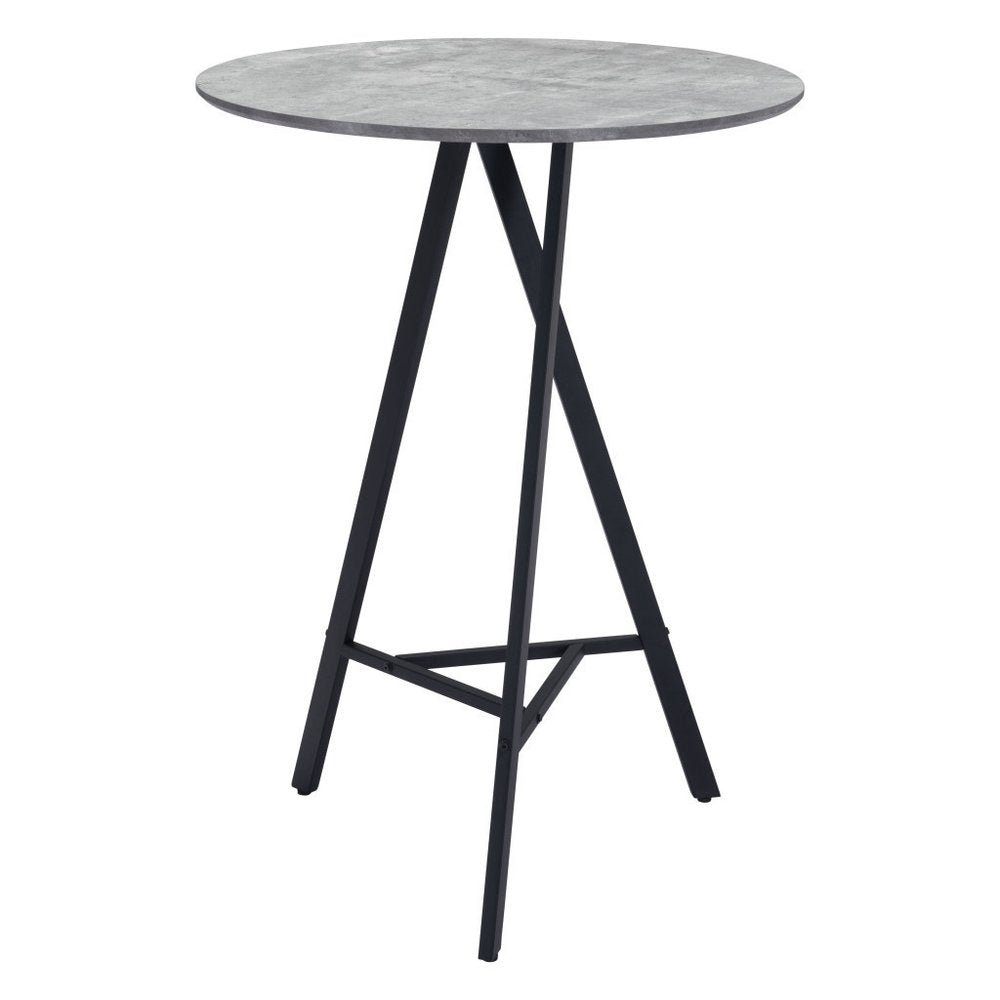 Round gray tabletop on a black steel tripod base bar table against a white background.