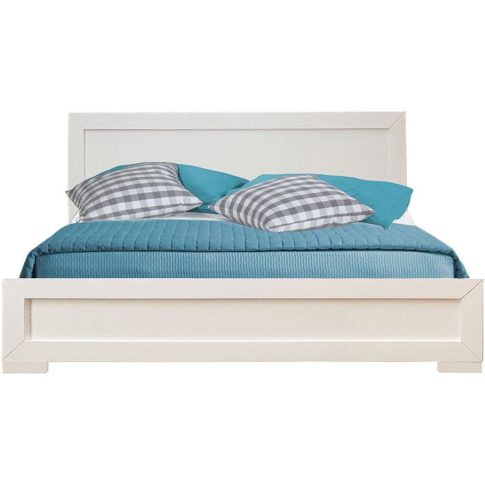 White solid and manufactured wood queen bed frame with blue bedding and checkered pillows on a white background.