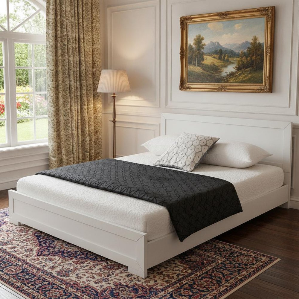White Solid and Manufactured Wood Queen Bed Frame