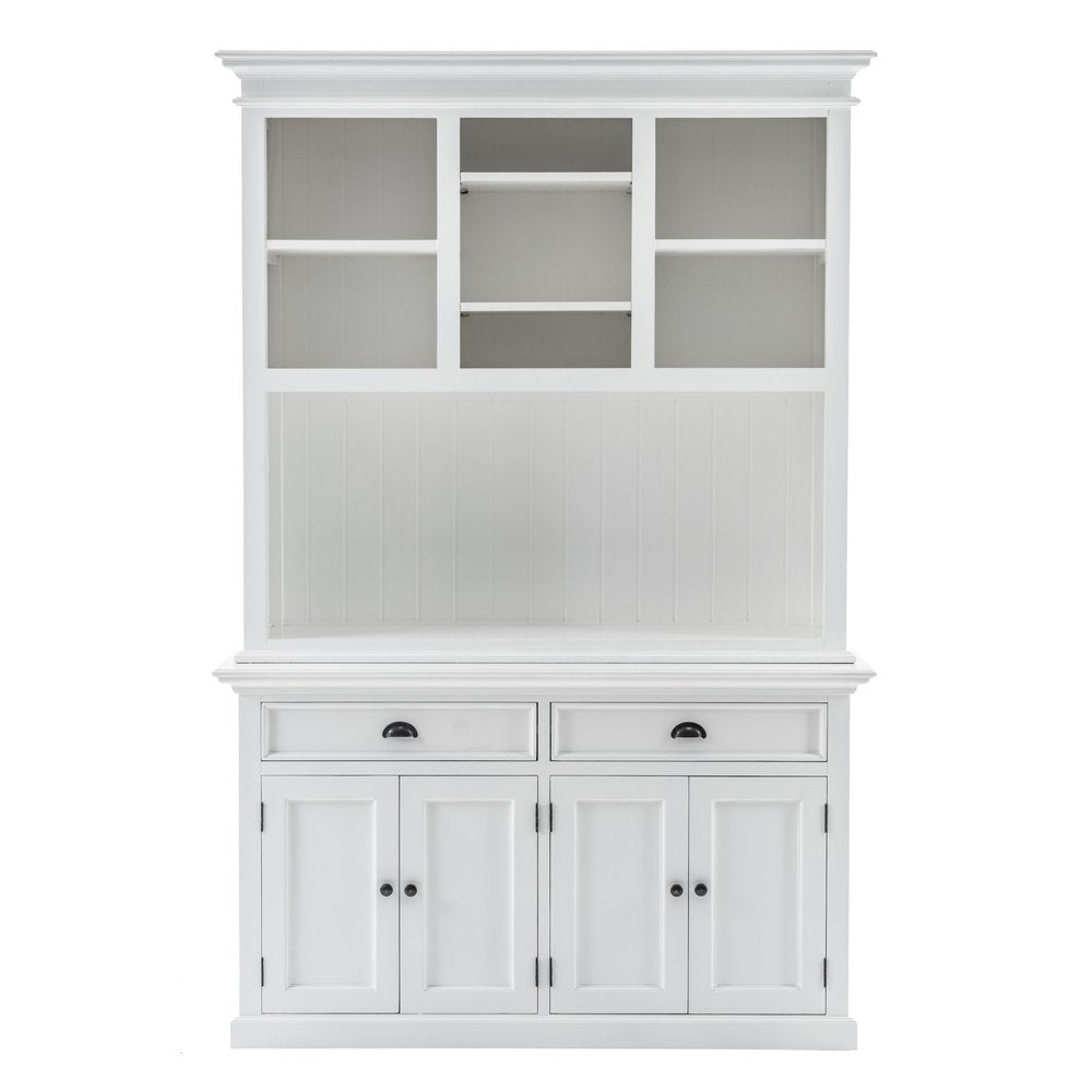 White solid wood two-tier bookcase with open shelving above and cabinets below.