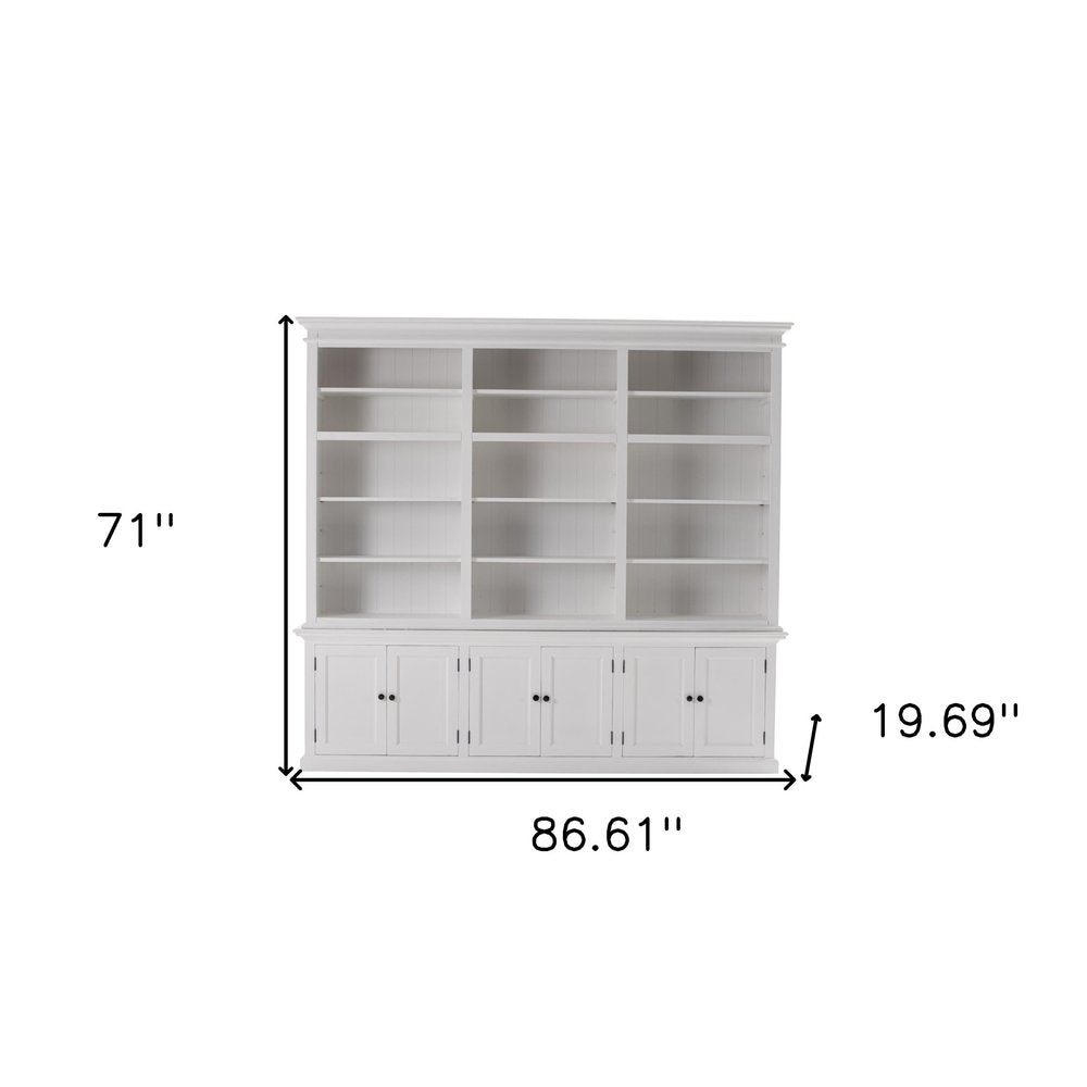 71" White Solid Wood Frame Dining Hutch With Multiple Shelves And Three Drawers on a white background
