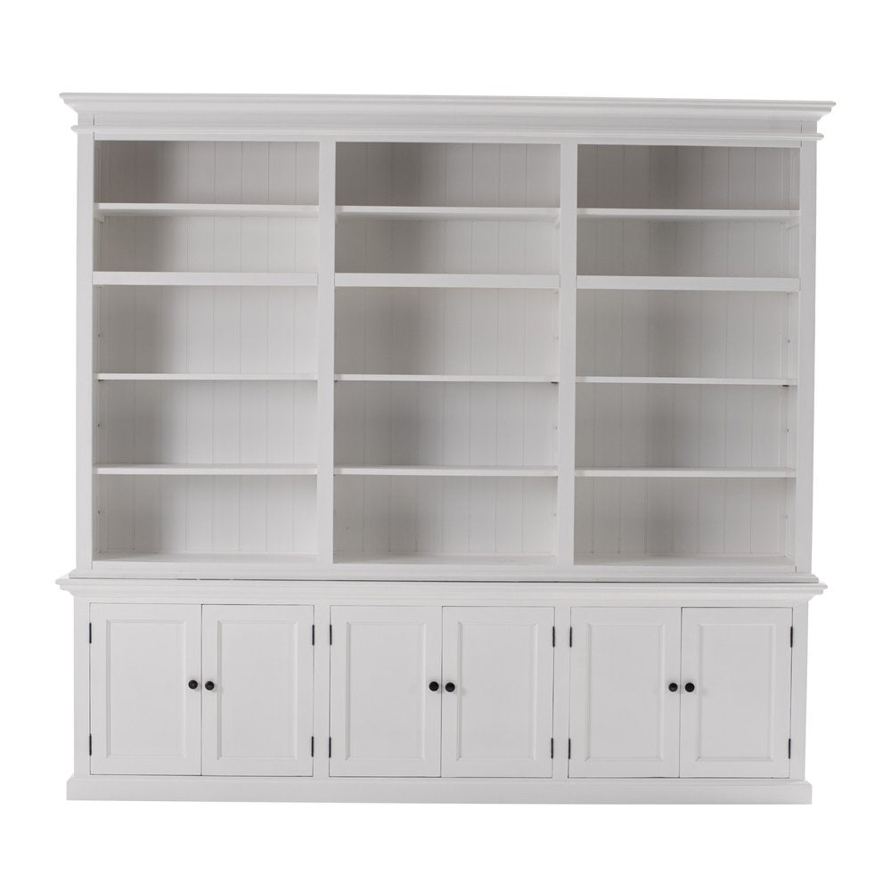 White solid wood dining hutch with multiple shelves and three drawers against a white background.