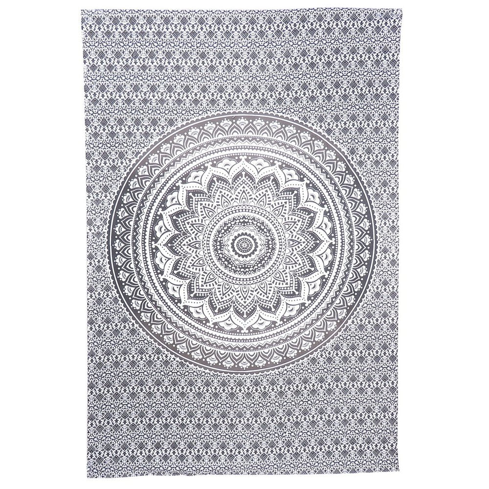 80" X 56" Gray And White Mandala Cotton Hanging Tapestry on a white background