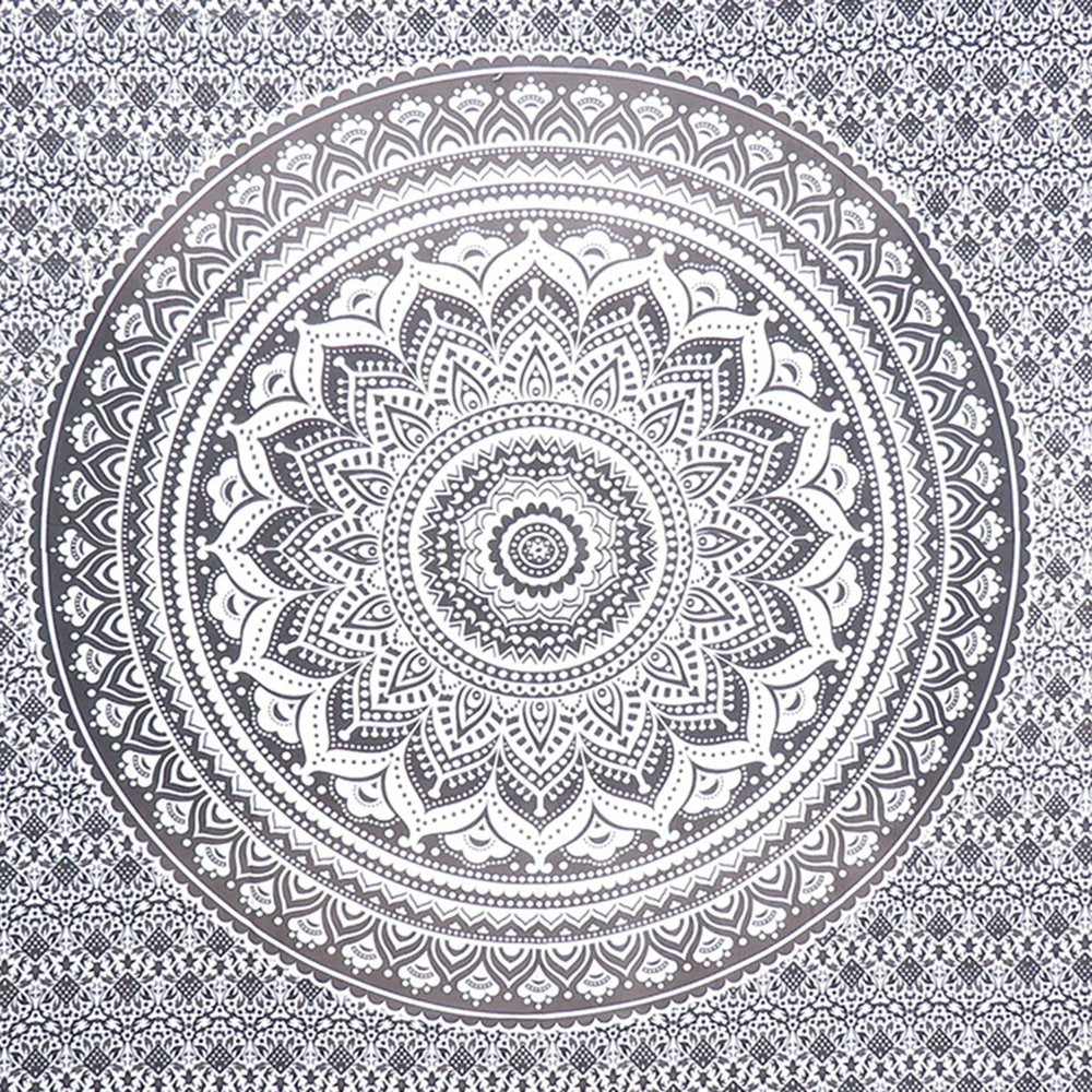 80" X 56" Gray And White Mandala Cotton Hanging Tapestry on a white background
