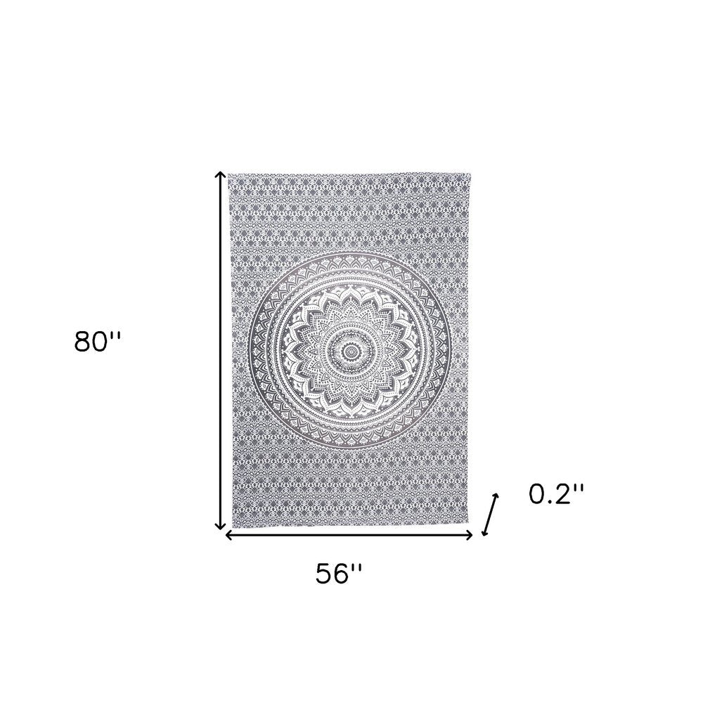 80" X 56" Gray And White Mandala Cotton Hanging Tapestry on a white background