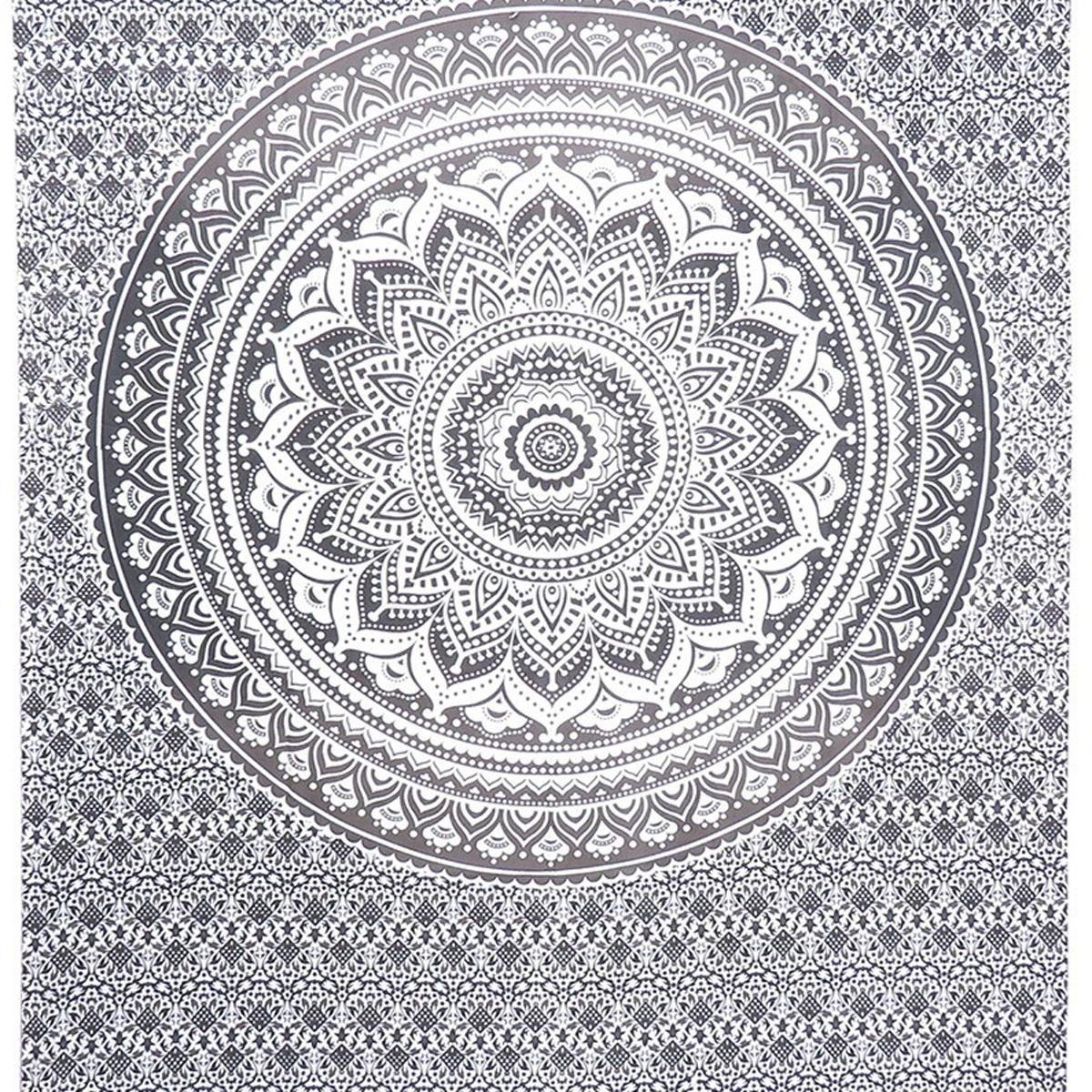80" X 56" Gray And White Mandala Cotton Hanging Tapestry on a white background